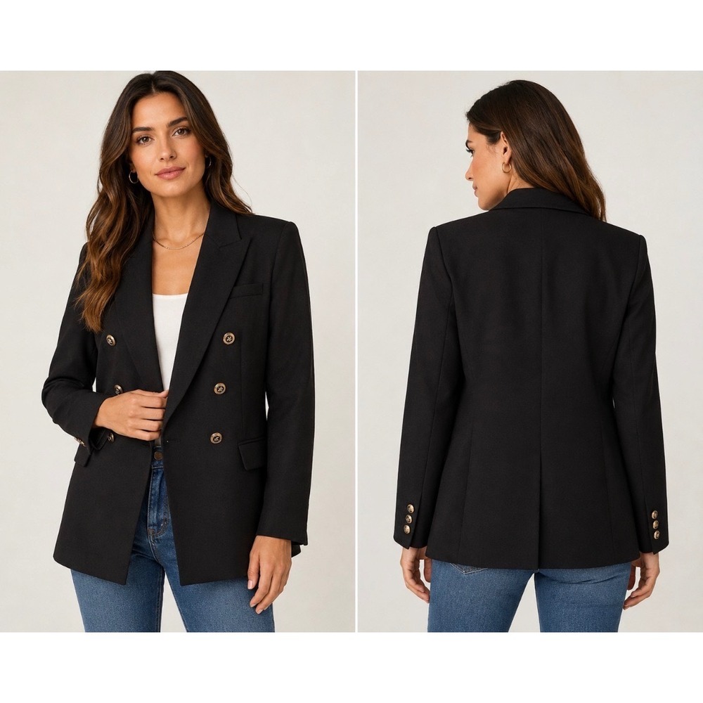 Zara Black Double Breasted Blazer Gold Crest Buttons Tailored Jacket XL